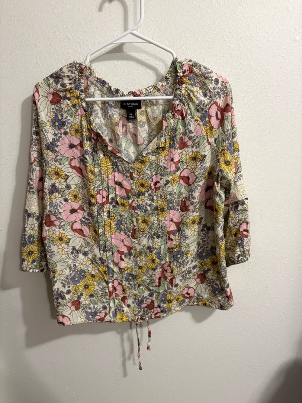 I.N. Studio Floral Button-Front Blouse in Cream, Pink, Yellow, Blue, Green